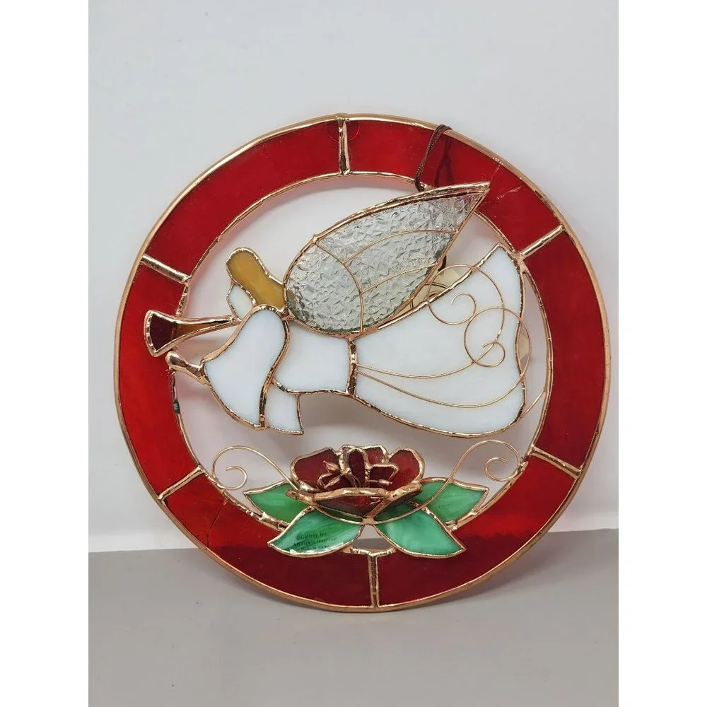 Vintage Christmas/Holiday Round 3-D Stained Glass Trumpeting‎ Angel With Rose